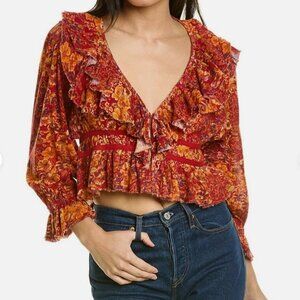 Free People Size M Rudi Floral Printed Ruffle Cropped Blouse Cherry Combo